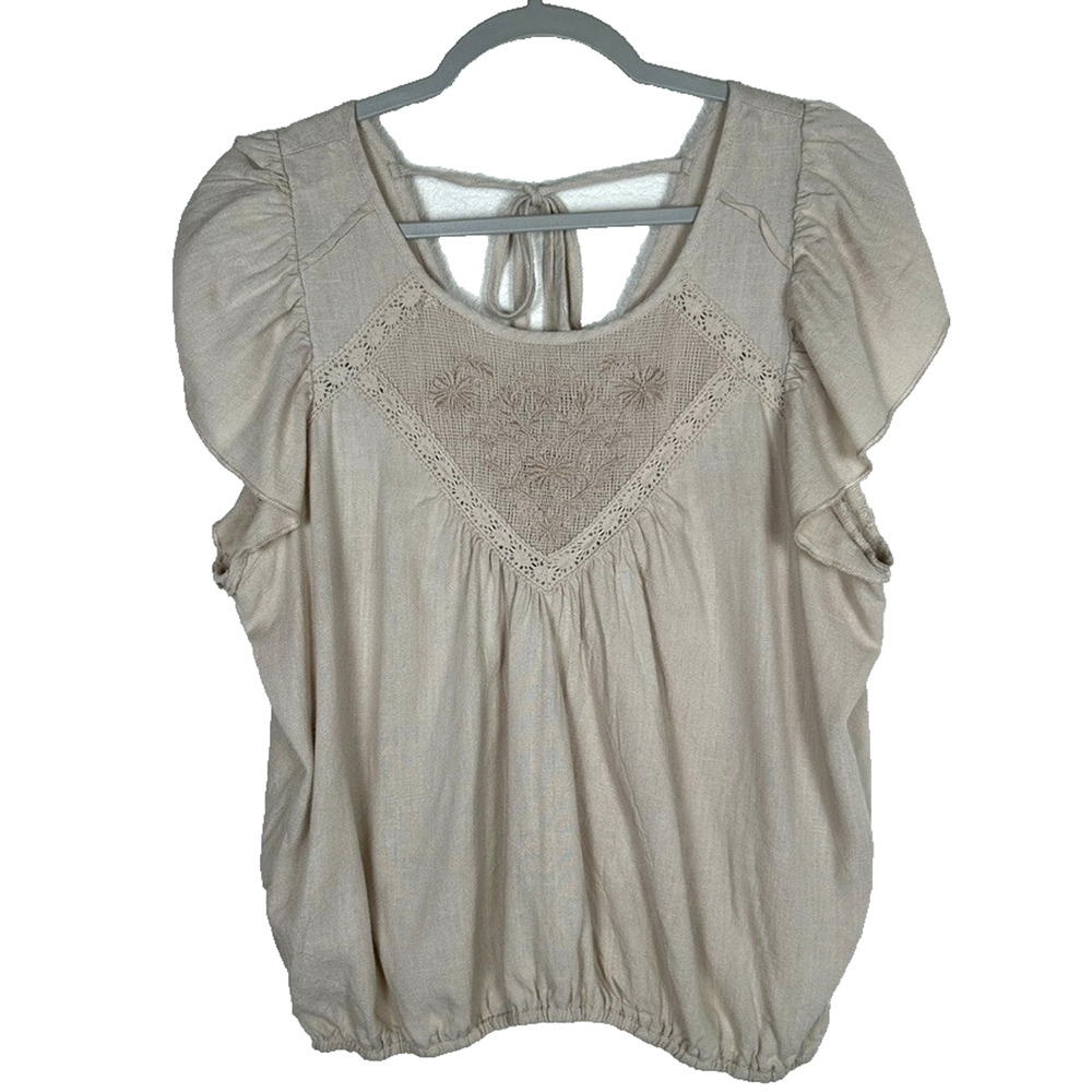 Love on a Hanger Womens L beige flowy lace ruffle sleeve Bohemian Stockholm top